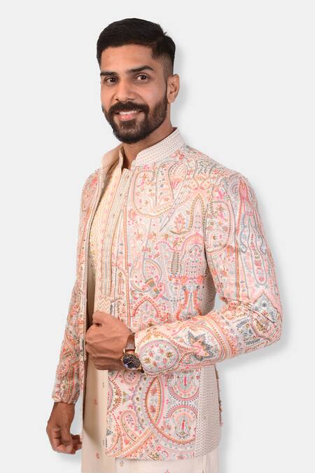 Asuka_Ivory Silk Sequins, Zari, Embroidery Resham Bandhgala Kurta Set _Online_at_Aza_Fashions