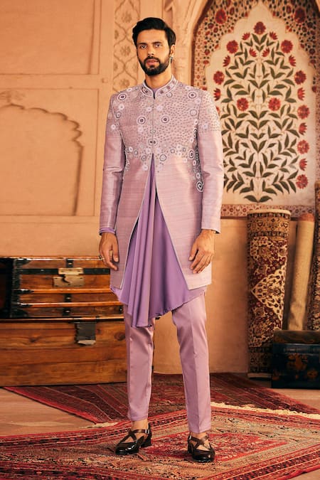 Asuka Purple Raw Silk Embroidered Thread Geometric Pattern Sherwani Set 