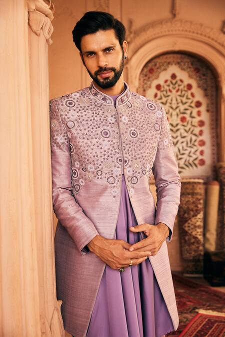 Asuka_Purple Raw Silk Embroidered Thread Geometric Pattern Sherwani Set _Online_at_Aza_Fashions