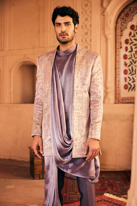 Shop_Asuka_Purple Satin, Suede Embroidery Resham Bandhgala Kurta Set _at_Aza_Fashions