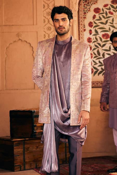 Buy_Asuka_Purple Satin, Suede Embroidery Resham Bandhgala Kurta Set _Online_at_Aza_Fashions