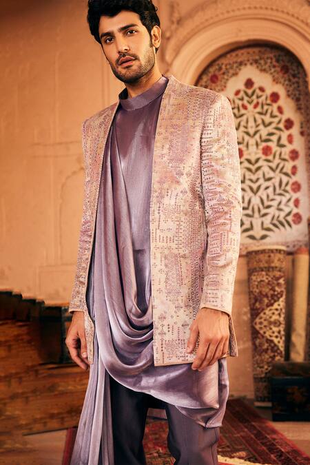 Asuka_Purple Satin, Suede Embroidery Resham Bandhgala Kurta Set _at_Aza_Fashions