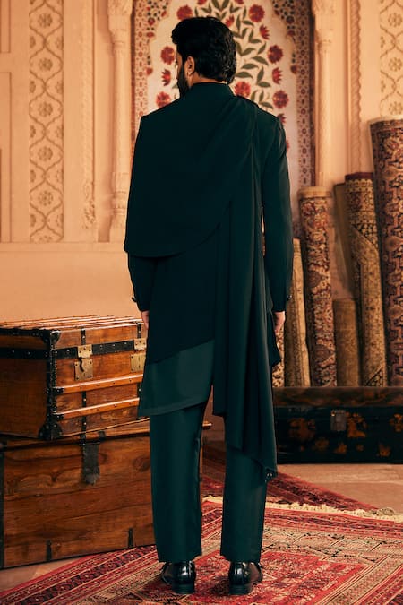 Shop_Asuka_Black Tissue Brooches Asymmetric Bandhgala Kurta Set _at_Aza_Fashions