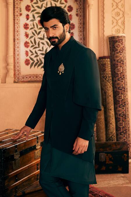 Asuka_Black Tissue Brooches Asymmetric Bandhgala Kurta Set _Online_at_Aza_Fashions