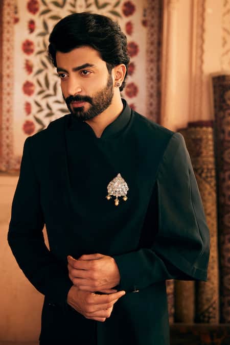Shop_Asuka_Black Tissue Brooches Asymmetric Bandhgala Kurta Set _Online_at_Aza_Fashions