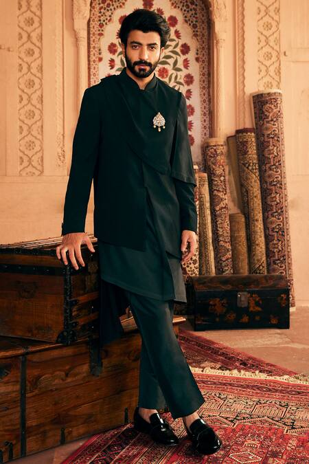 Asuka_Black Tissue Brooches Asymmetric Bandhgala Kurta Set _at_Aza_Fashions