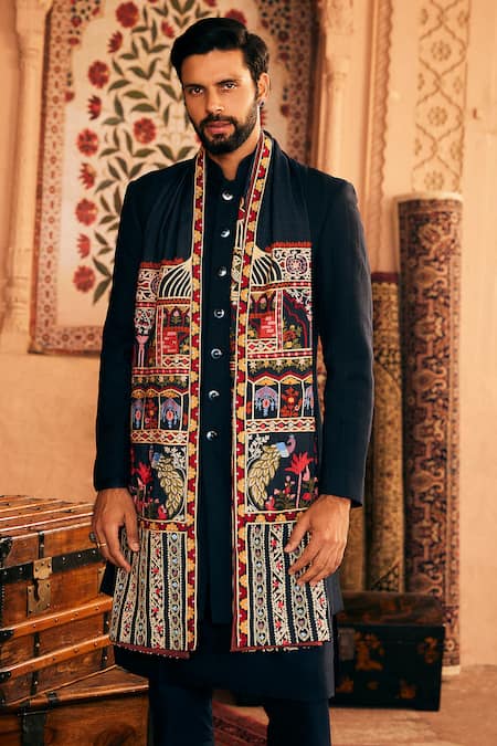 Buy_Asuka_Blue Cotton Silk Plain Pintuck Sherwani Set _Online_at_Aza_Fashions
