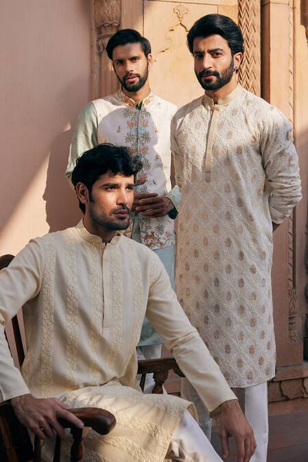 Asuka_Cream Cotton, Silk Embroidery Chanderi Kurta And Pyjama Set _Online_at_Aza_Fashions