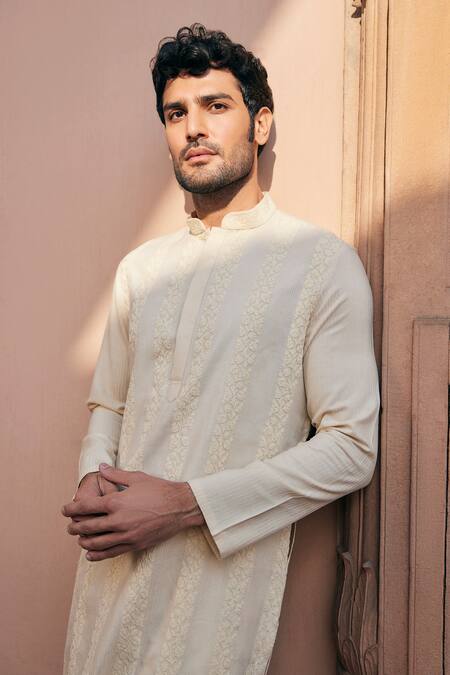 Buy_Asuka_Cream Cotton, Silk Embroidery Chanderi Kurta And Pyjama Set _Online_at_Aza_Fashions