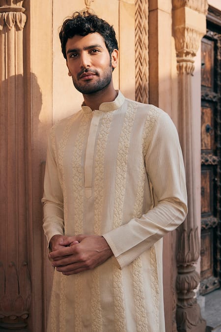 Shop_Asuka_Cream Cotton, Silk Embroidery Chanderi Kurta And Pyjama Set _Online_at_Aza_Fashions