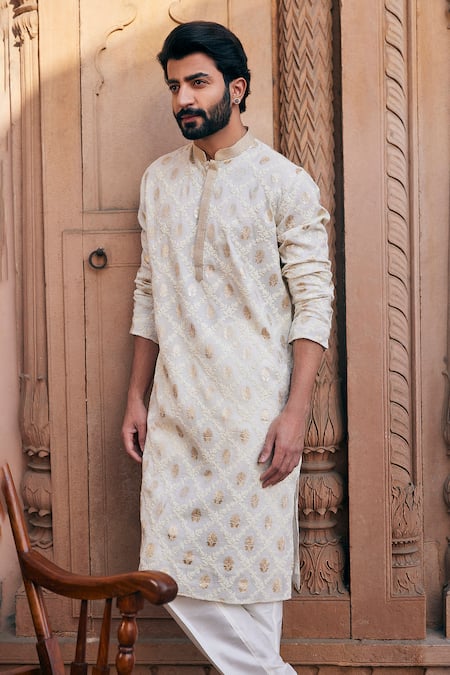 Asuka_Ivory Chanderi Silk Embroidery Cord Kurta And Pyjama Set _Online_at_Aza_Fashions