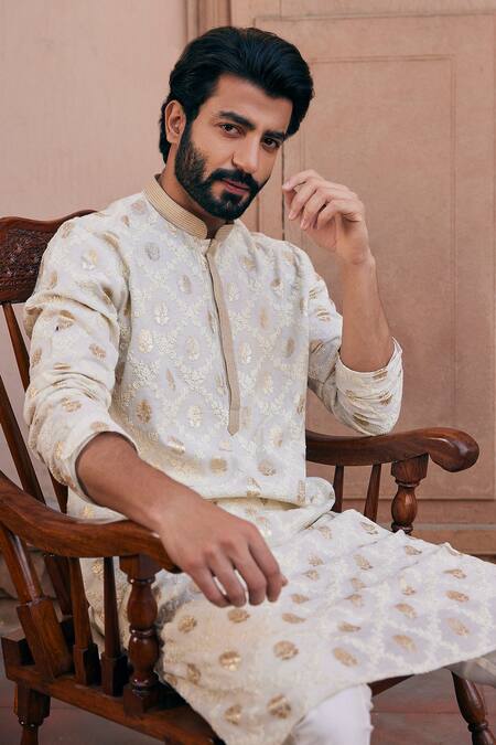 Buy_Asuka_Ivory Chanderi Silk Embroidery Cord Kurta And Pyjama Set _Online_at_Aza_Fashions