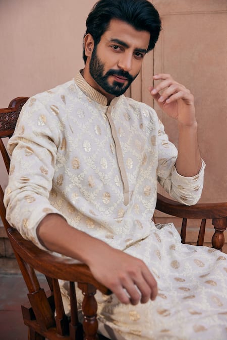 Shop_Asuka_Ivory Chanderi Silk Embroidery Cord Kurta And Pyjama Set _Online_at_Aza_Fashions