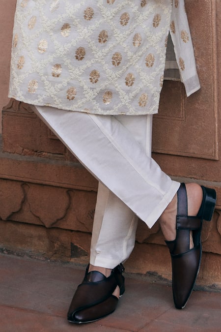 Asuka_Ivory Chanderi Silk Embroidery Cord Kurta And Pyjama Set _at_Aza_Fashions