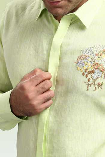 Asuka_Green Linen Embroidery Floral Shirt _Online_at_Aza_Fashions