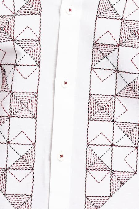 Asuka_White Linen Embroidery Button Down Shirt _Online_at_Aza_Fashions