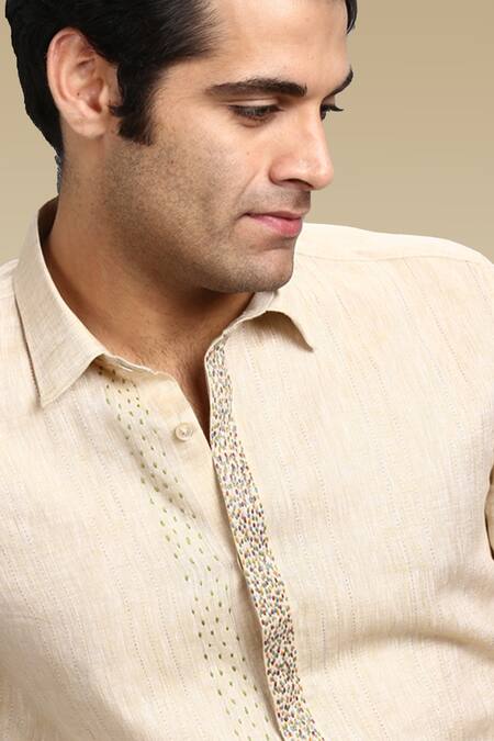Shop_Asuka_Brown Linen Embroidery Long Sleeve Shirt _at_Aza_Fashions
