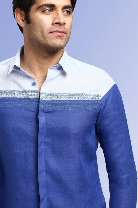 Asuka_Blue Linen Embroidery Color Blocked Shirt _Online_at_Aza_Fashions