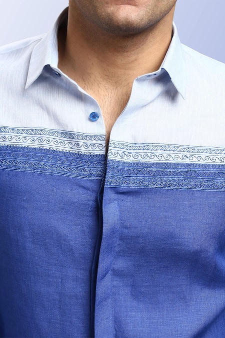Buy_Asuka_Blue Linen Embroidery Color Blocked Shirt _Online_at_Aza_Fashions