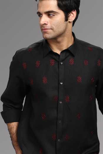 Shop Asuka Black Linen Embroidery Hand Shirt at Aza Fashions Shop_Asuka_Black Linen Embroidery Hand Shirt _at_Aza_Fashions