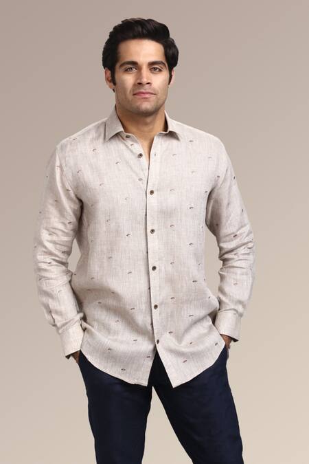 Shop_Asuka_Brown Linen Embroidery Thread Shirt _at_Aza_Fashions