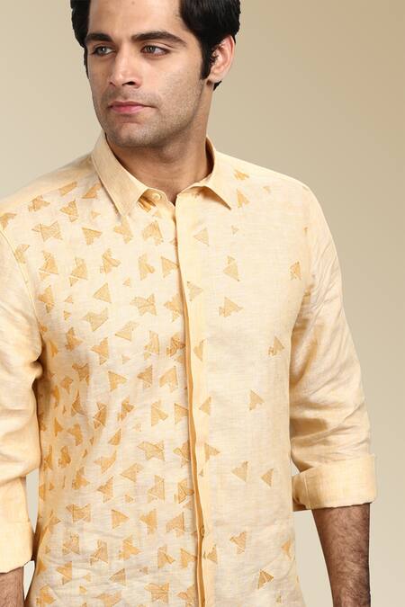 Shop_Asuka_Yellow Linen Embroidery Geometric Shirt _at_Aza_Fashions