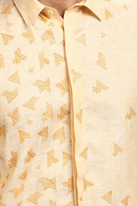 Asuka_Yellow Linen Embroidery Geometric Shirt _Online_at_Aza_Fashions