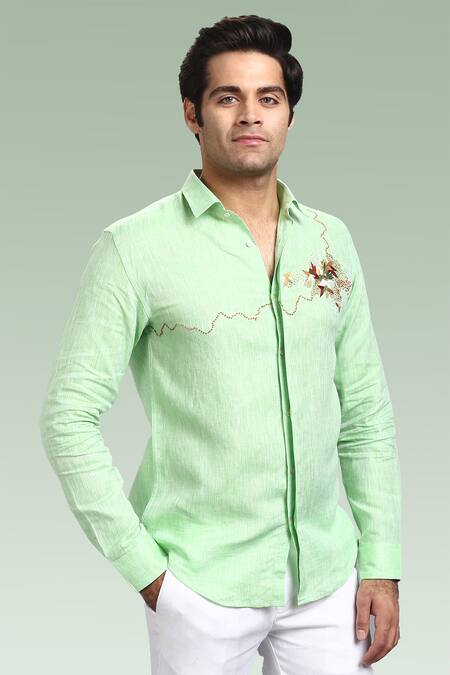 Shop_Asuka_Green Linen Embroidery Placed Thread Shirt _at_Aza_Fashions