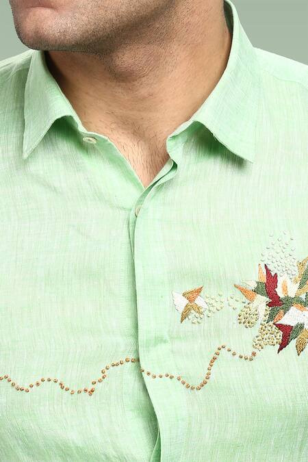 Asuka_Green Linen Embroidery Placed Thread Shirt _Online_at_Aza_Fashions