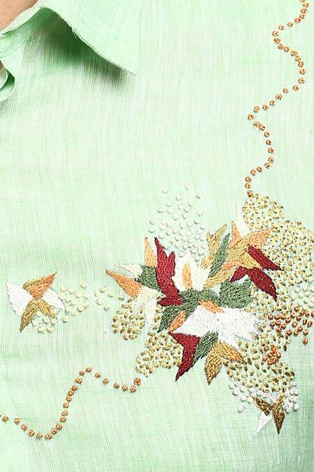 Buy_Asuka_Green Linen Embroidery Placed Thread Shirt _Online_at_Aza_Fashions