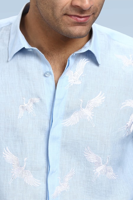 Asuka_Sky Blue Linen Embroidery Crane Shirt _Online_at_Aza_Fashions