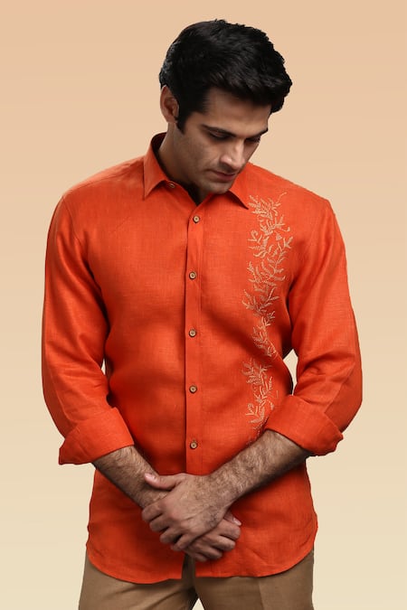 Shop_Asuka_Orange Linen Embroidery Floral Placement Shirt _at_Aza_Fashions