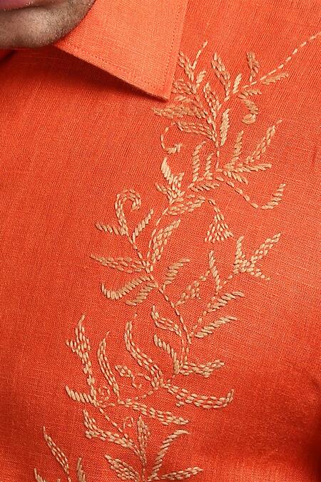 Asuka_Orange Linen Embroidery Floral Placement Shirt _Online_at_Aza_Fashions
