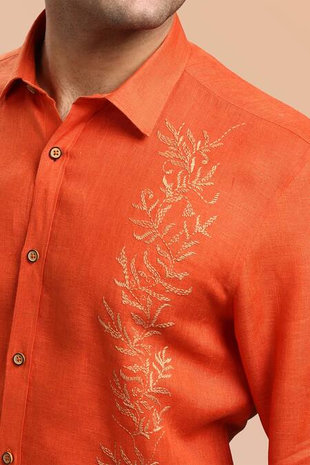 Buy_Asuka_Orange Linen Embroidery Floral Placement Shirt _Online_at_Aza_Fashions