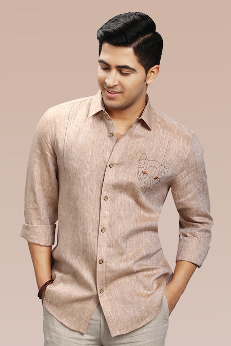 Shop_Asuka_Brown Linen Embroidery Kantha Placement Shirt _at_Aza_Fashions
