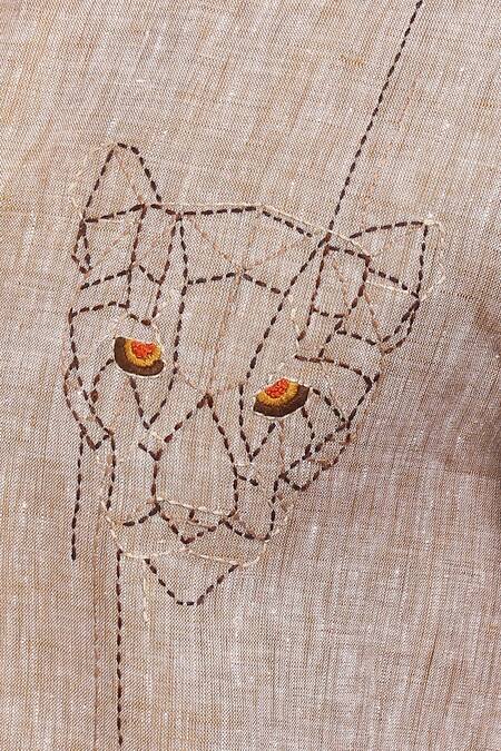 Asuka_Brown Linen Embroidery Kantha Placement Shirt _Online_at_Aza_Fashions