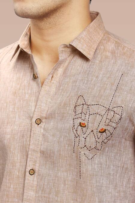 Buy_Asuka_Brown Linen Embroidery Kantha Placement Shirt _Online_at_Aza_Fashions