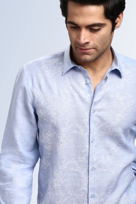 Buy_Asuka_Sky Blue Linen Embroidery Cherry Blossom Shirt _Online_at_Aza_Fashions