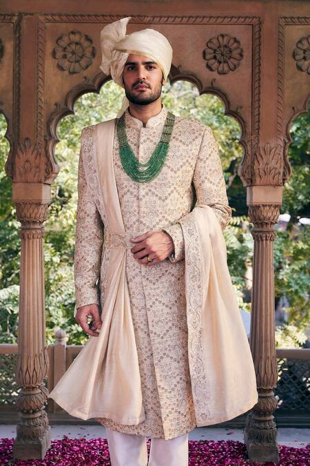 Asuka_Cream Matka Silk Embroidered Pitta Sherwani Churidar Set _Online_at_Aza_Fashions