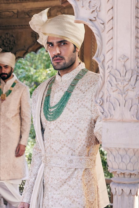 Buy_Asuka_Cream Matka Silk Embroidered Pitta Sherwani Churidar Set _Online_at_Aza_Fashions