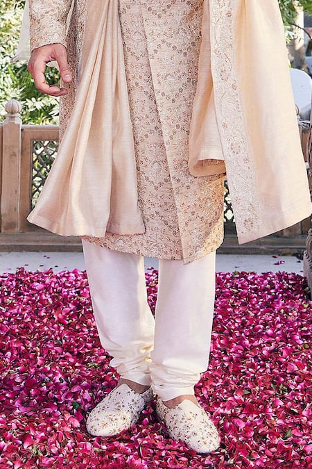 Shop_Asuka_Cream Matka Silk Embroidered Pitta Sherwani Churidar Set _Online_at_Aza_Fashions