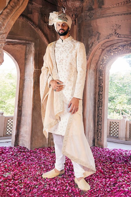 Asuka Cream Raw Silk Embroidered Zardozi Sherwani Churidar Set 