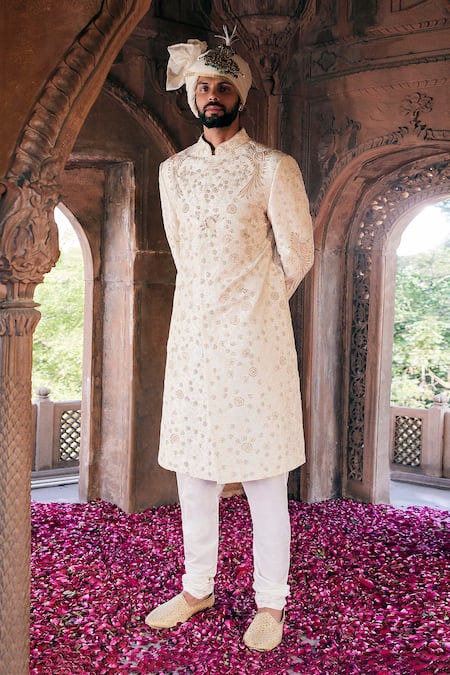 Shop Asuka Cream Raw Silk Embroidered Zardozi Sherwani Churidar Set at Aza Fashions Shop_Asuka_Cream Raw Silk Embroidered Zardozi Sherwani Churidar Set _at_Aza_Fashions