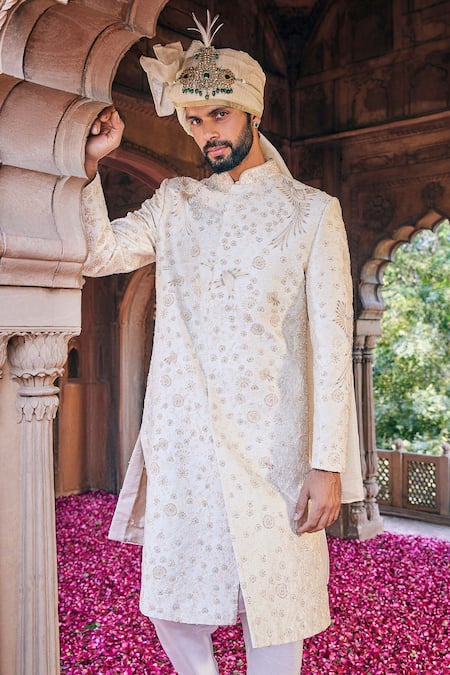 Buy Asuka Cream Raw Silk Embroidered Zardozi Sherwani Churidar Set Online at Aza Fashions Buy_Asuka_Cream Raw Silk Embroidered Zardozi Sherwani Churidar Set _Online_at_Aza_Fashions