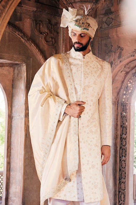 Shop Asuka Cream Raw Silk Embroidered Zardozi Sherwani Churidar Set Online at Aza Fashions Shop_Asuka_Cream Raw Silk Embroidered Zardozi Sherwani Churidar Set _Online_at_Aza_Fashions