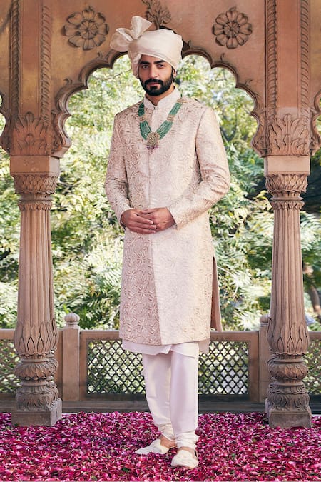 Asuka Cream Raw Silk Embroidered Thread Tonal Sherwani Churidar Set 