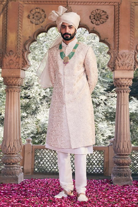 Shop Asuka Cream Raw Silk Embroidered Thread Tonal Sherwani Churidar Set at Aza Fashions Shop_Asuka_Cream Raw Silk Embroidered Thread Tonal Sherwani Churidar Set _at_Aza_Fashions