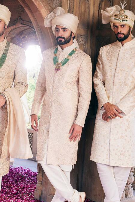 Asuka Cream Raw Silk Embroidered Thread Tonal Sherwani Churidar Set Online at Aza Fashions Asuka_Cream Raw Silk Embroidered Thread Tonal Sherwani Churidar Set _Online_at_Aza_Fashions