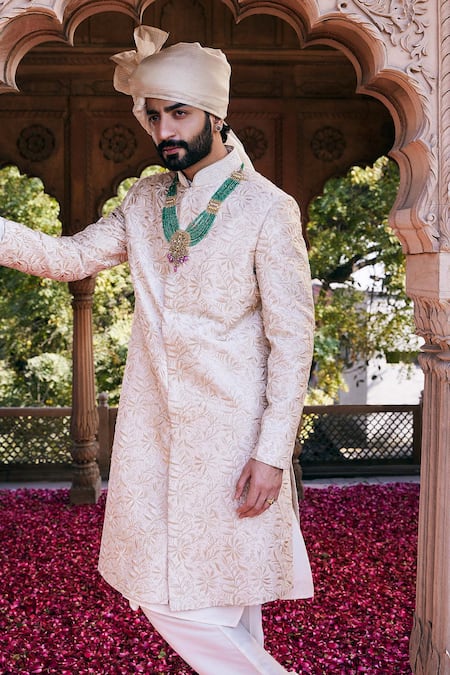 Buy Asuka Cream Raw Silk Embroidered Thread Tonal Sherwani Churidar Set Online at Aza Fashions Buy_Asuka_Cream Raw Silk Embroidered Thread Tonal Sherwani Churidar Set _Online_at_Aza_Fashions