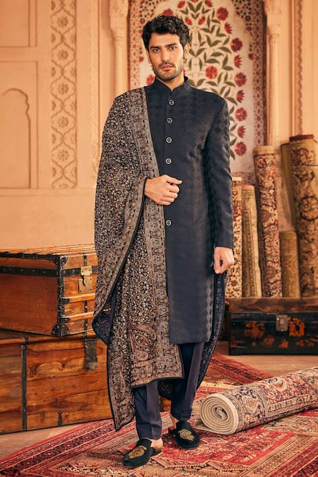 Buy Blue Cotton Silk Textured Sherwani Pyjama Set For Men by Asuka